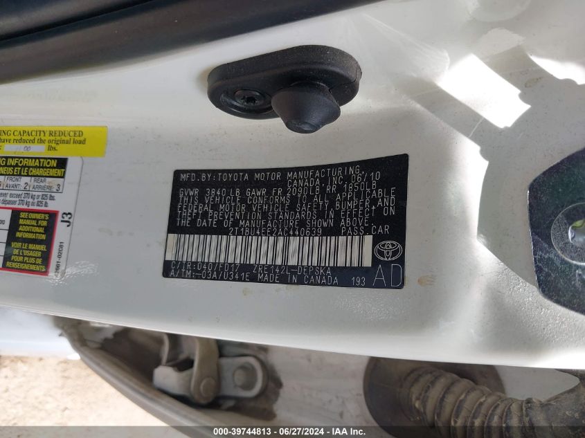 2010 Toyota Corolla S/Le/Xle VIN: 2T1BU4EE2AC440639 Lot: 39744813