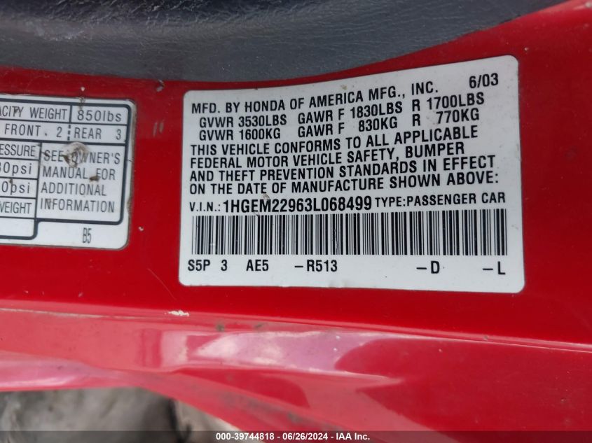 2003 Honda Civic Ex VIN: 1HGEM22963L068499 Lot: 39744818