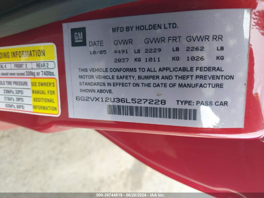 2006 Pontiac Gto VIN: 6G2VX12U36L527228 Lot: 39744819