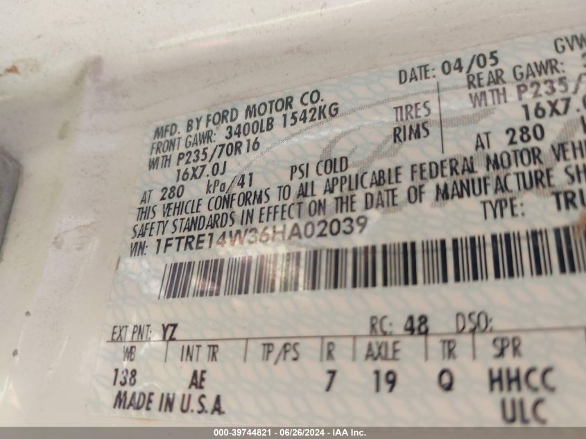 2006 Ford E-150 Commercial/Recreational VIN: 1FTRE14W36HA02039 Lot: 39744821