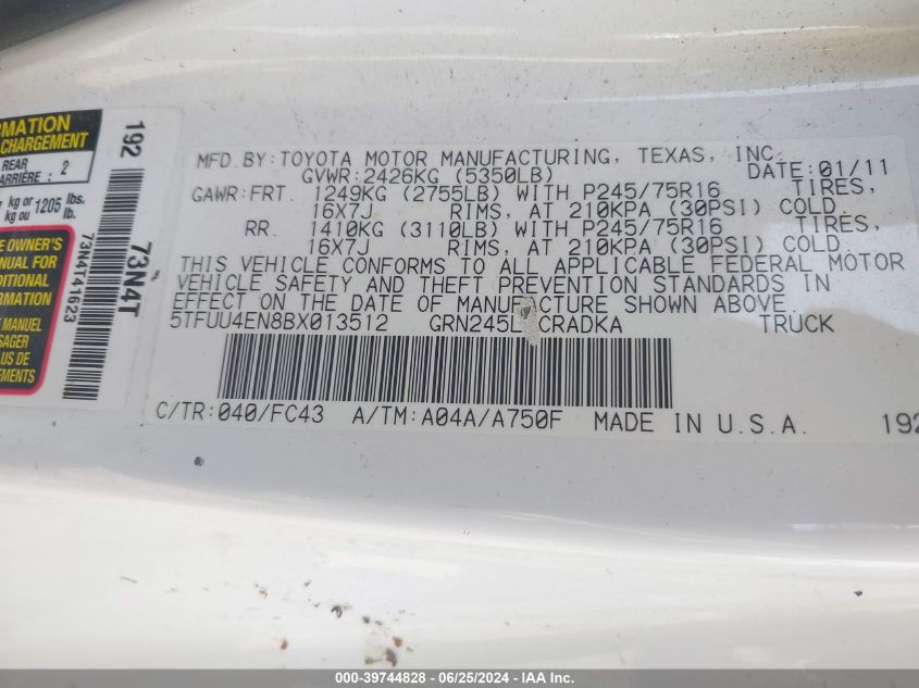 2011 Toyota Tacoma Base V6 VIN: 5TFUU4EN8BX013512 Lot: 39744828