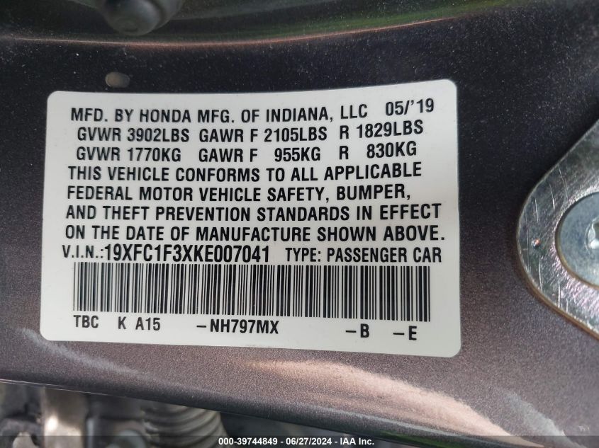 2019 Honda Civic Ex VIN: 19XFC1F3XKE007041 Lot: 39744849