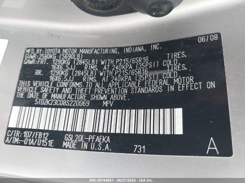 2008 Toyota Sienna Ce VIN: 5TDZK23C08S220069 Lot: 39744851