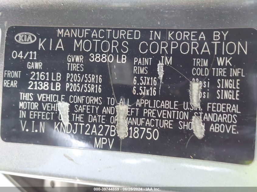 2011 Kia Soul + VIN: KNDJT2A27B7318750 Lot: 39744859