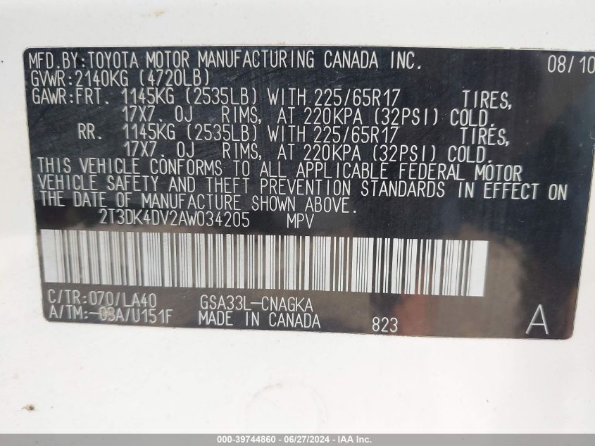 2010 Toyota Rav4 Limited V6 VIN: 2T3DK4DV2AW034205 Lot: 39744860