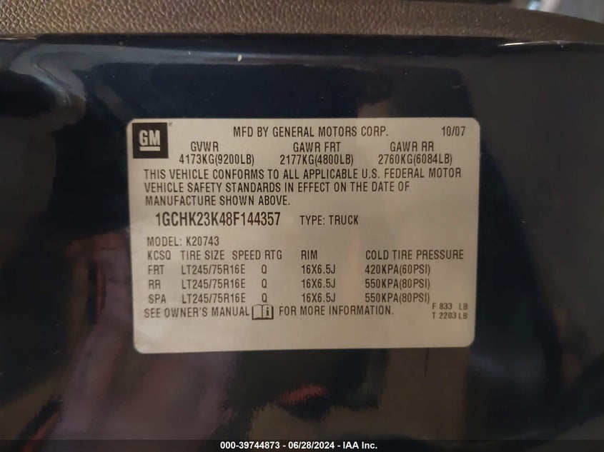 2008 Chevrolet Silverado 2500Hd Lt1 VIN: 1GCHK23K48F144357 Lot: 39744873