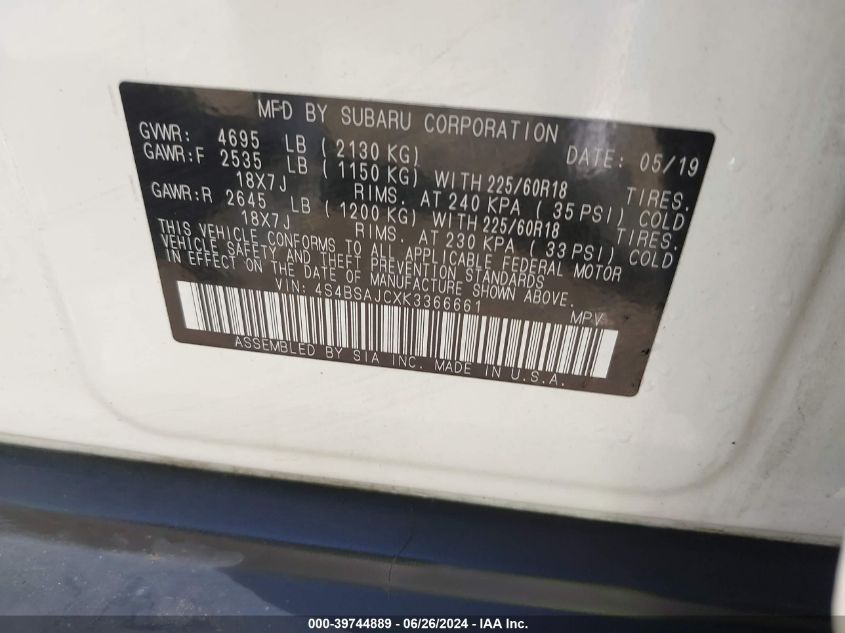 2019 Subaru Outback 2.5I Limited VIN: 4S4BSAJCXK3366661 Lot: 39744889