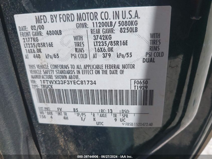 2000 Ford F-350 Lariat/Xl/Xlt VIN: 1FTWX33F3YEC81734 Lot: 39744906