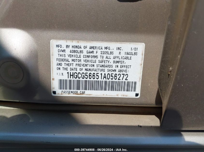 2001 Honda Accord Ex VIN: 1HGCG56651A056272 Lot: 39744908