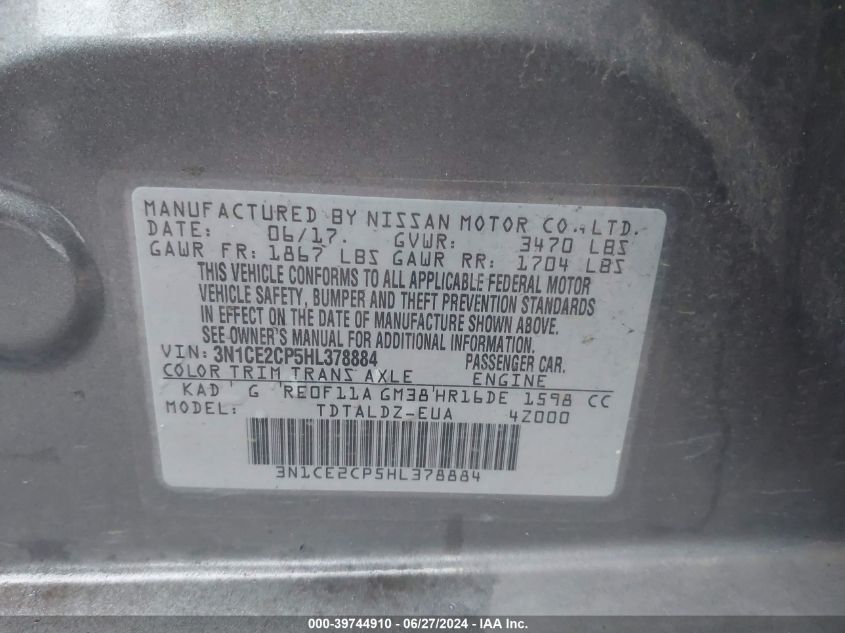 2017 Nissan Versa Note Sv VIN: 3N1CE2CP5HL378884 Lot: 39744910