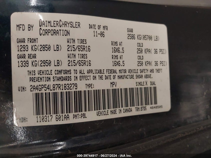 2007 Chrysler Town & Country Touring VIN: 2A4GP54L87R183279 Lot: 39744917