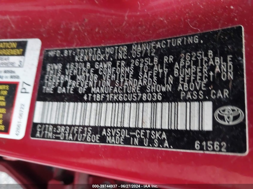 2012 Toyota Camry Se/Le/Xle VIN: 4T1BF1FK6CU578036 Lot: 39744937