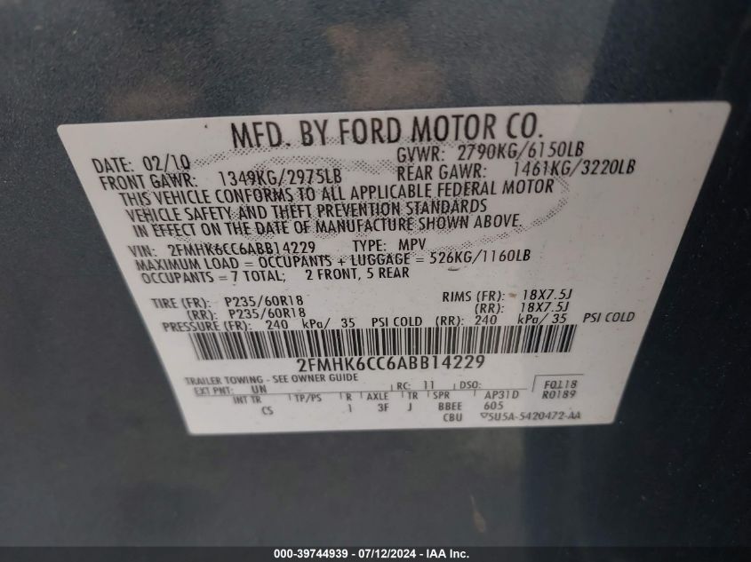 2010 Ford Flex Sel VIN: 2FMHK6CC6ABB14229 Lot: 39744939