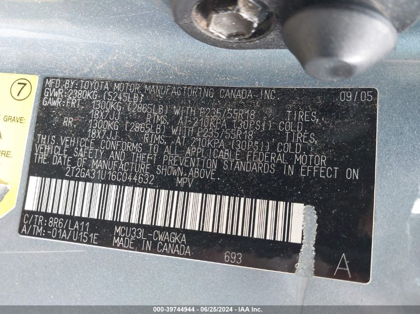 2006 Lexus Rx 330 VIN: 2T2GA31U16C044632 Lot: 39744944