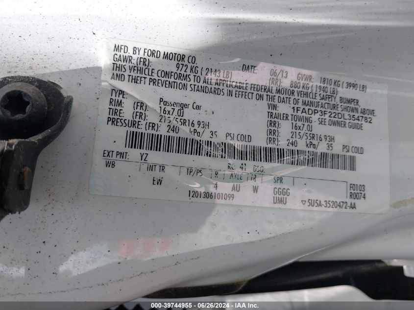 2013 Ford Focus Se VIN: 1FADP3F22DL354782 Lot: 39744955