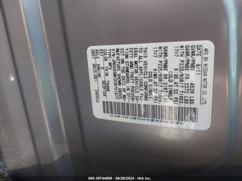 2012 Nissan Rogue Sv VIN: JN8AS5MV3CW701977 Lot: 39744959