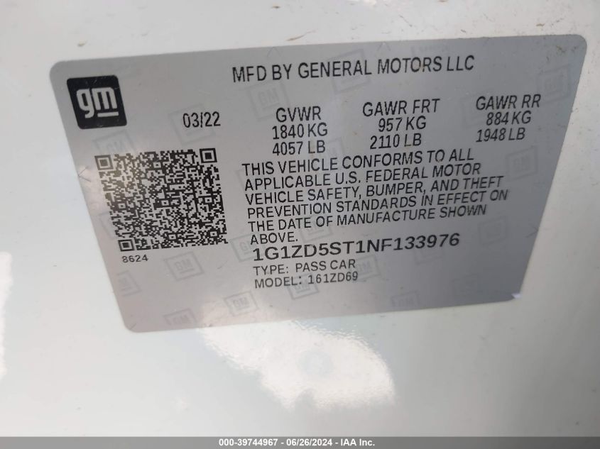 2022 Chevrolet Malibu Fwd Lt VIN: 1G1ZD5ST1NF133976 Lot: 39744967