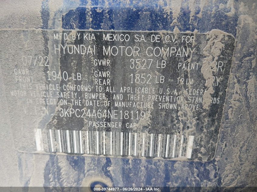 2022 Hyundai Accent Se VIN: 3KPC24A64NE181197 Lot: 39744977
