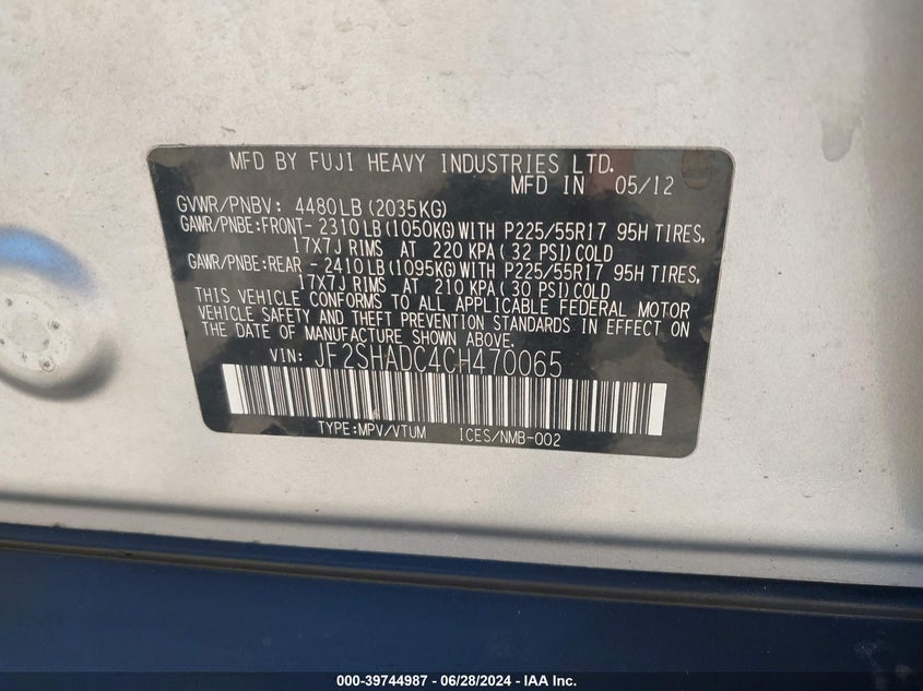 2012 Subaru Forester 2.5X Premium VIN: JF2SHADC4CH470065 Lot: 39744987