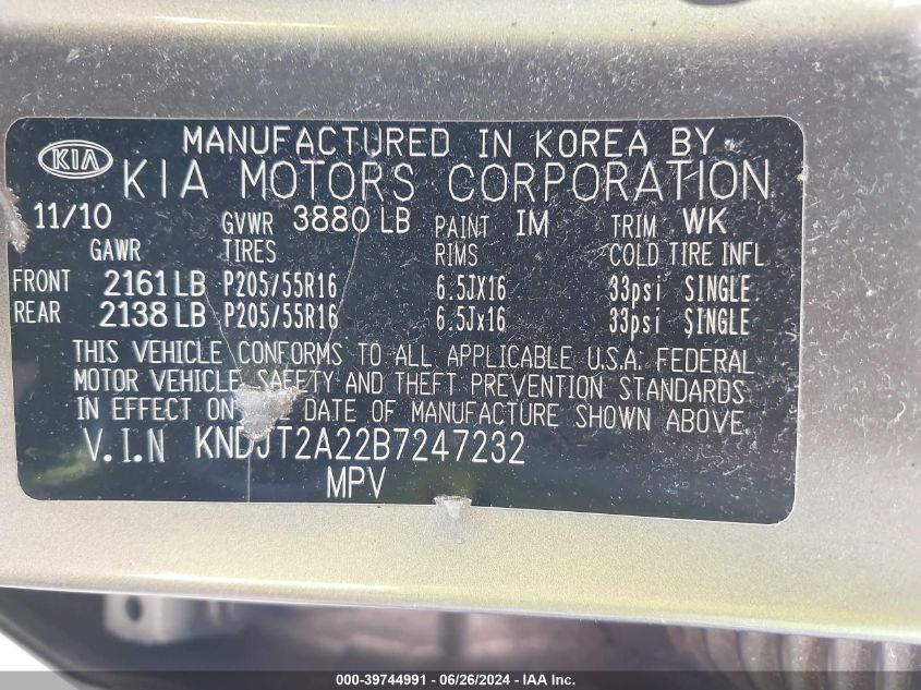 2011 Kia Soul + VIN: KNDJT2A22B7247232 Lot: 39744991