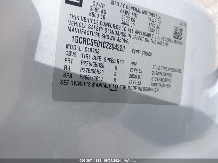 2012 Chevrolet Silverado 1500 C1500 Lt VIN: 1GCRCSE01CZ294320 Lot: 39744993