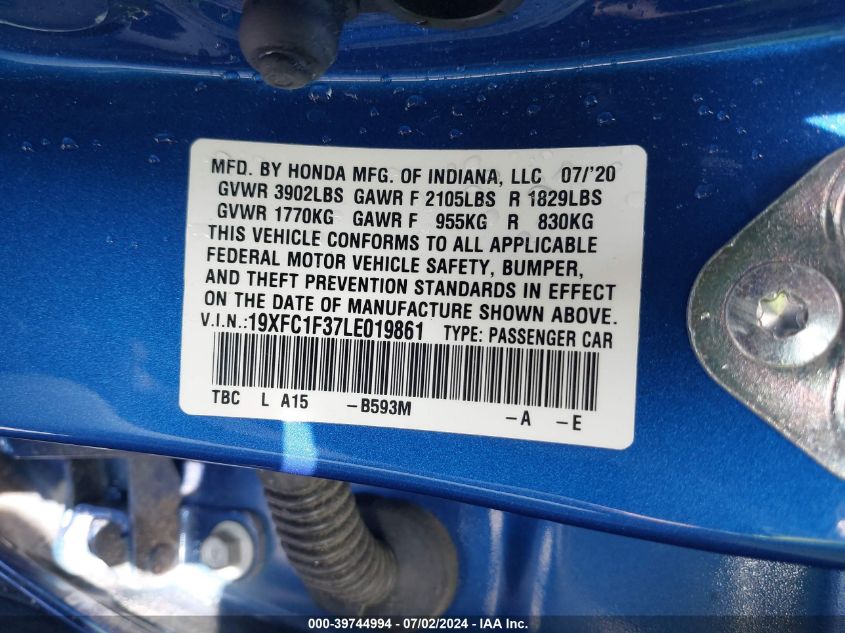 2020 Honda Civic Ex VIN: 19XFC1F37LE019861 Lot: 39744994