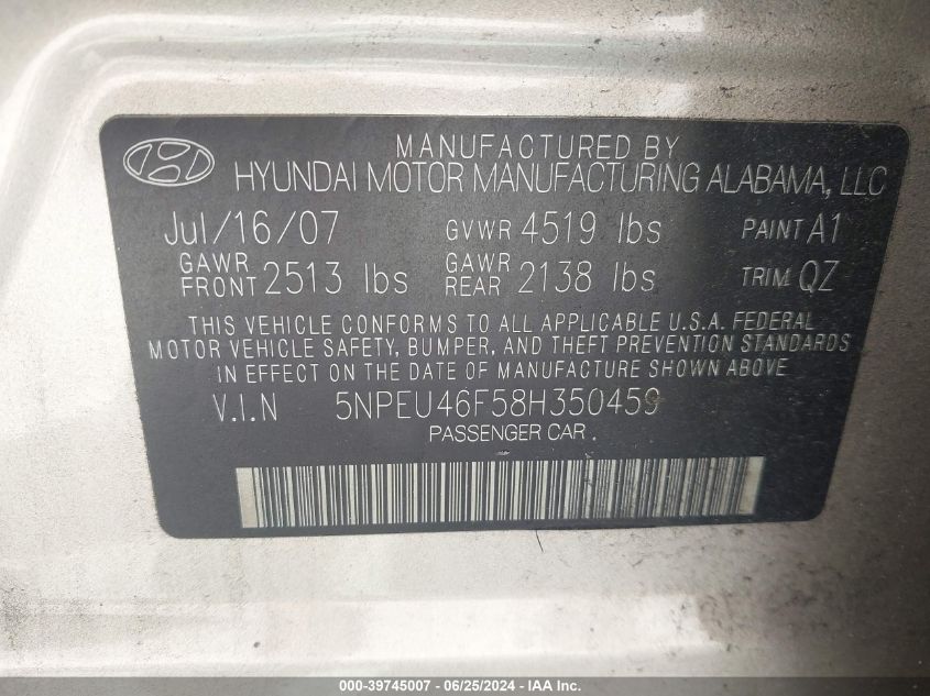 2008 Hyundai Sonata Limited V6/Se V6 VIN: 5NPEU46F58H350459 Lot: 39745007