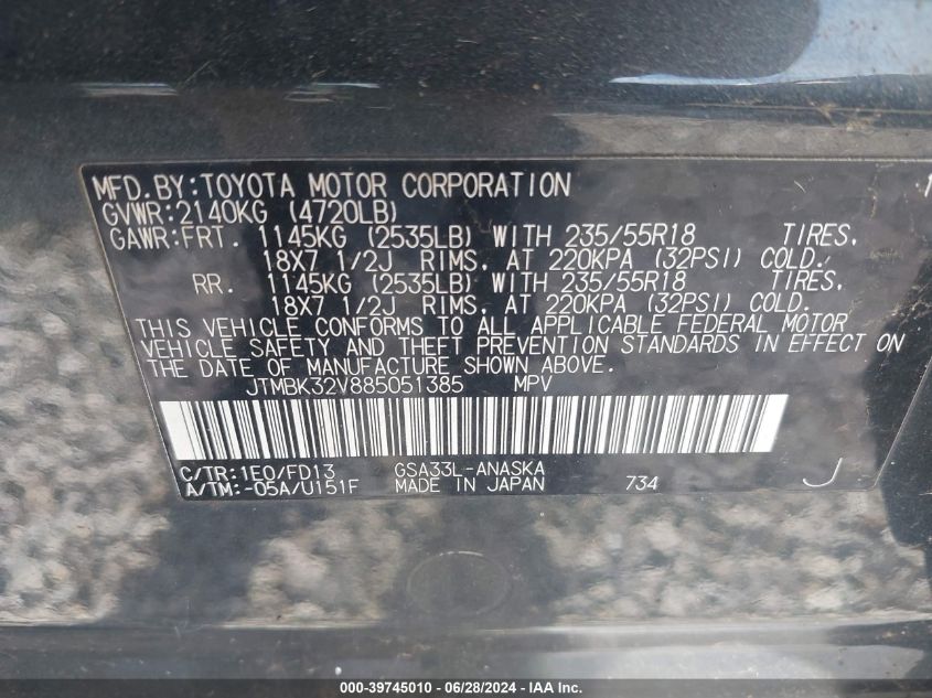 2008 Toyota Rav4 Sport V6 VIN: JTMBK32V885051385 Lot: 39745010