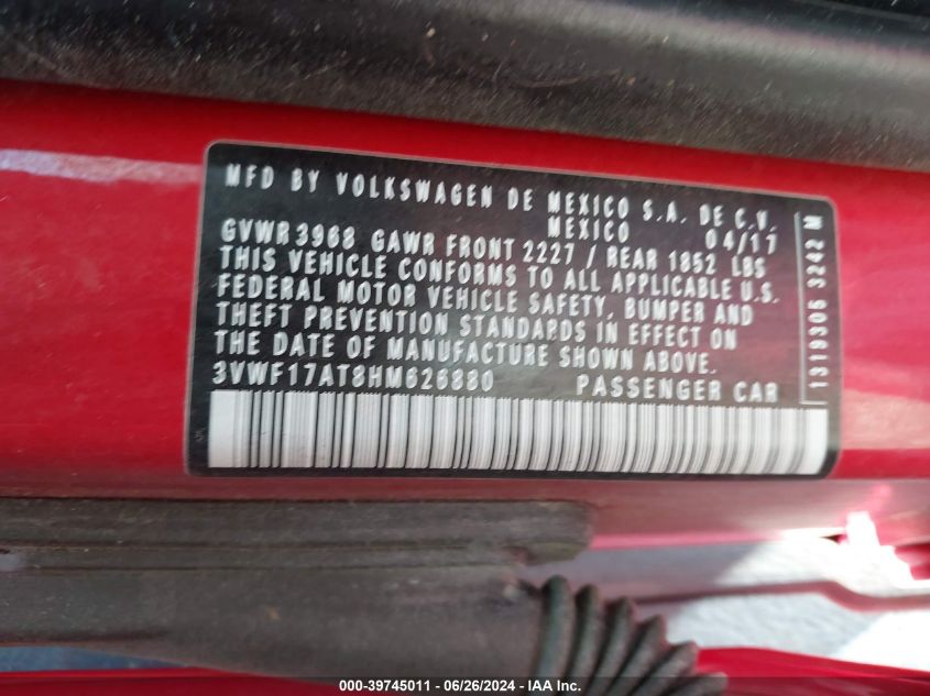 2017 Volkswagen Beetle #Pinkbeetle/1.8T Classic/1.8T S VIN: 3VWF17AT8HM626880 Lot: 39745011