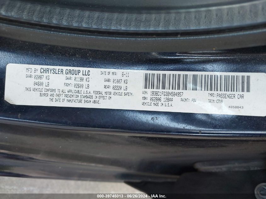 2011 Dodge Avenger Mainstreet VIN: 1B3BD1FG3BN584957 Lot: 39745013