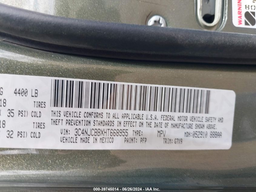 2017 Jeep Compass Latitude VIN: 3C4NJCBBXHT668955 Lot: 39745014