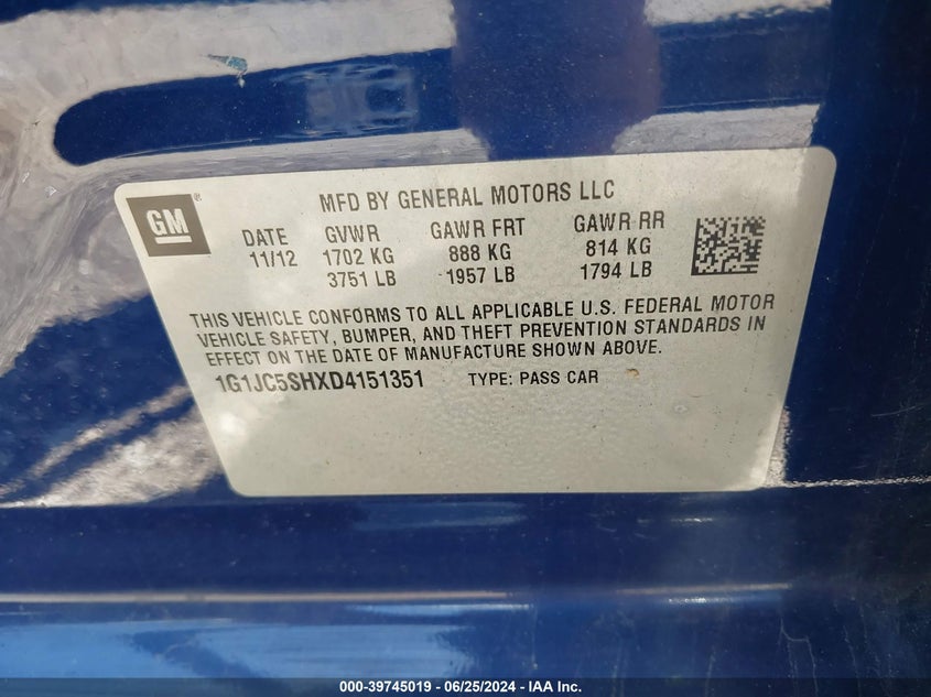 2013 Chevrolet Sonic Lt Auto VIN: 1G1JC5SHXD4151351 Lot: 39745019