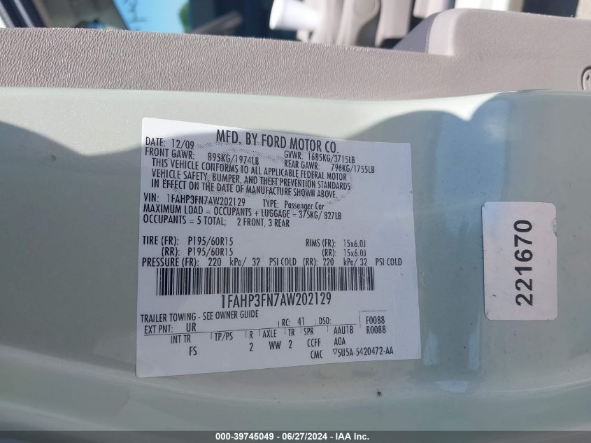 2010 Ford Focus Se VIN: 1FAHP3FN7AW202129 Lot: 39745049