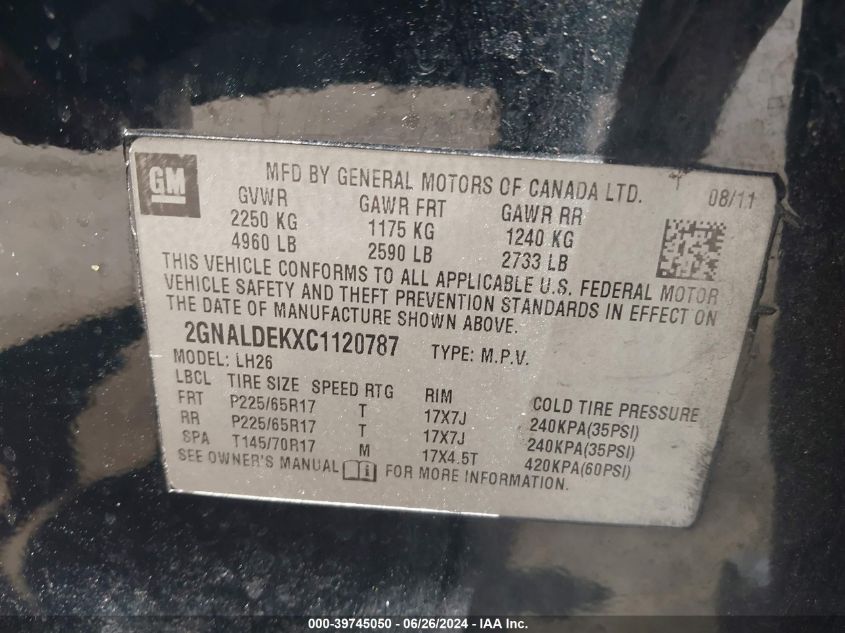 2012 Chevrolet Equinox 1Lt VIN: 2GNALDEKXC1120787 Lot: 39745050