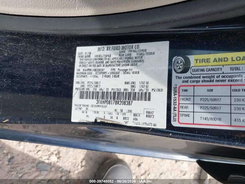 2008 Ford Fusion Sel VIN: 3FAHP08178R208387 Lot: 39745052