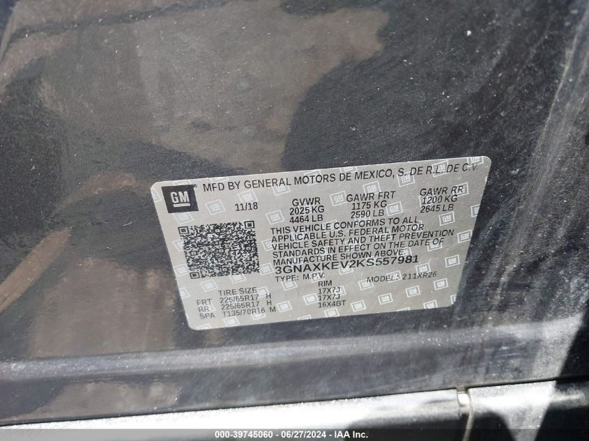 2019 Chevrolet Equinox Lt VIN: 3GNAXKEV2KS557981 Lot: 39745060