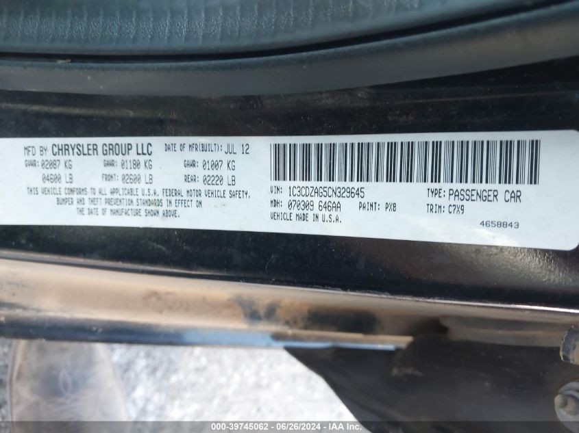 2012 Dodge Avenger Se VIN: 1C3CDZAG5CN329645 Lot: 39745062