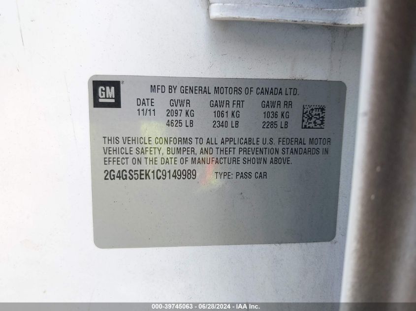 2012 Buick Regal Premium 1 VIN: 2G4GS5EK1C9149989 Lot: 39745063