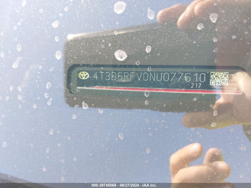 2022 Toyota Rav4 Limited VIN: 4T3D6RFV0NU077610 Lot: 39745068