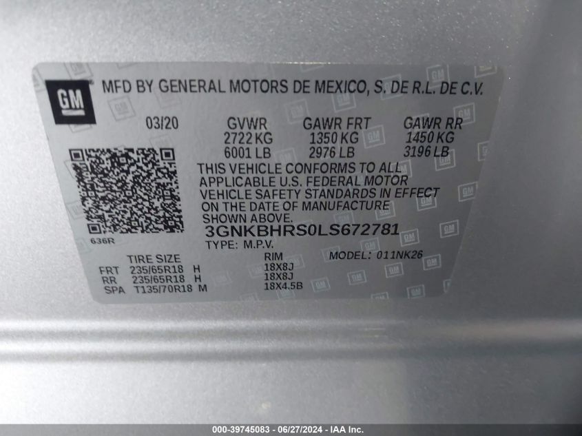 VIN 3GNKBHRS0LS672781 2020 CHEVROLET BLAZER AWD 2LT