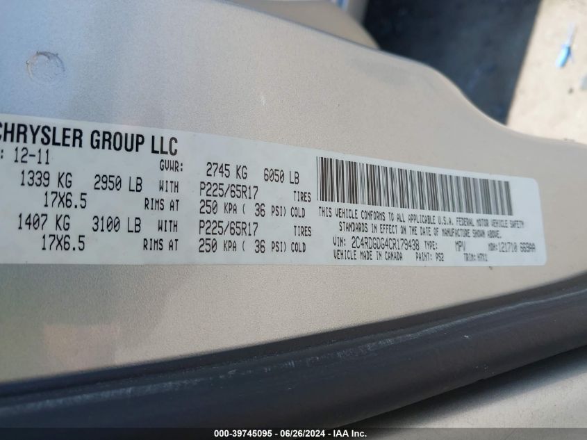 2012 Dodge Grand Caravan Crew VIN: 2C4RDGDG4CR179438 Lot: 39745095