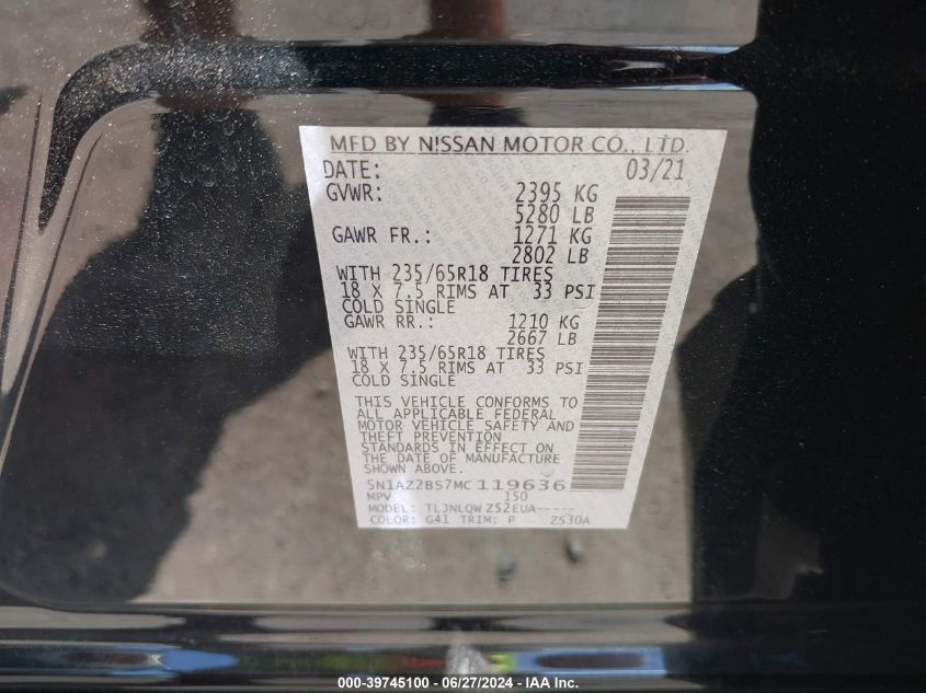 2021 Nissan Murano Sv Intelligent Awd VIN: 5N1AZ2BS7MC119636 Lot: 39745100