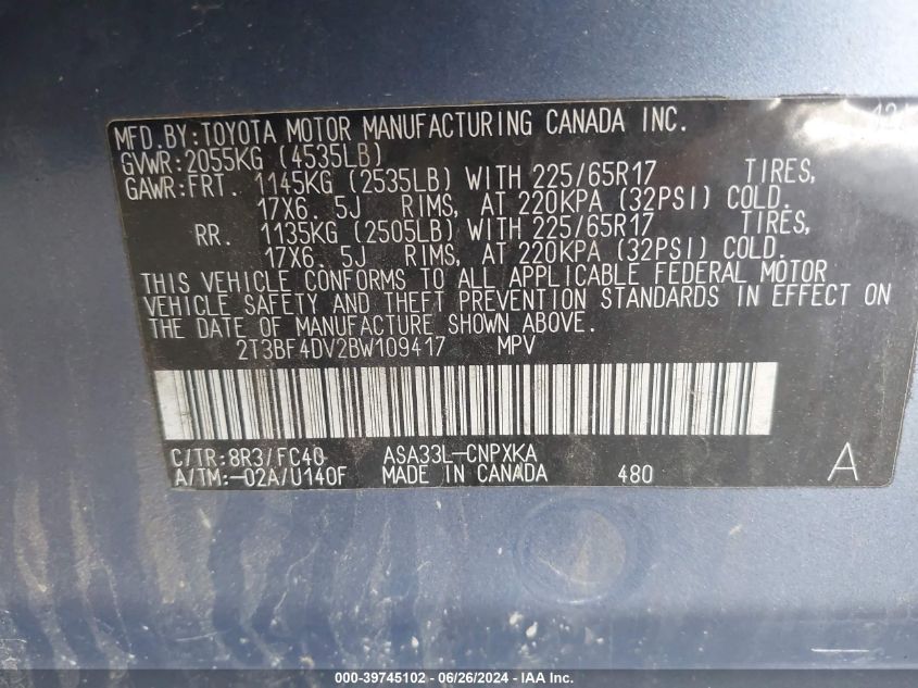 2011 Toyota Rav4 VIN: 2T3BF4DV2BW109417 Lot: 39745102