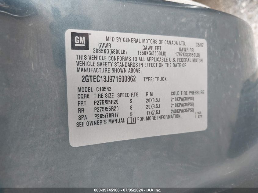 2007 GMC Sierra 1500 Sle1 VIN: 2GTEC13J971600862 Lot: 39745108