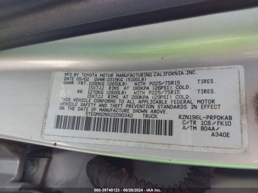 2002 Toyota Tacoma Double Cab Prerunner VIN: 5TEGM92NX2Z090342 Lot: 39745123