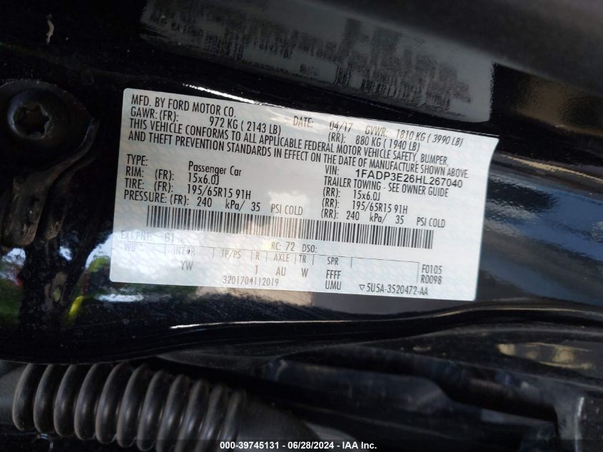 2017 Ford Focus S VIN: 1FADP3E26HL267040 Lot: 39745131