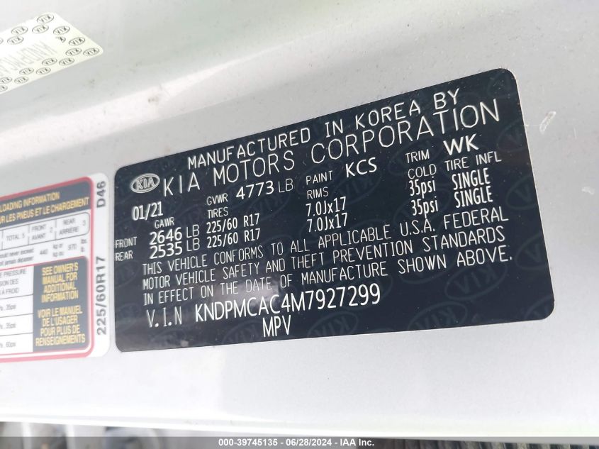 2021 Kia Sportage Lx VIN: KNDPMCAC4M7927299 Lot: 39745135