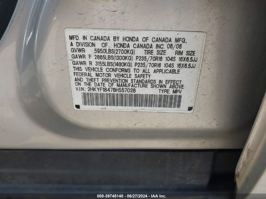2006 Honda Pilot Ex VIN: 2HKYF18476H557028 Lot: 39745140