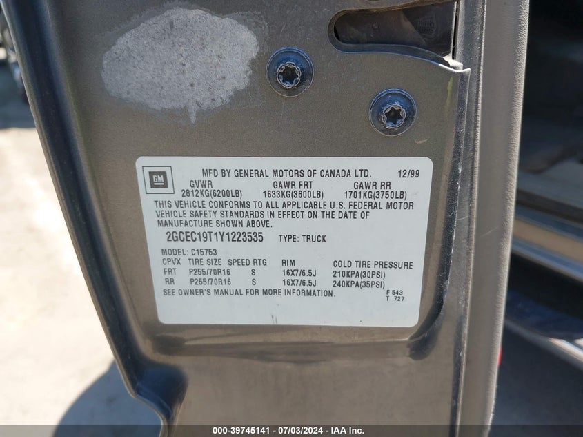 2000 Chevrolet Silverado 1500 C1500 VIN: 2GCEC19T1Y1223535 Lot: 39745141