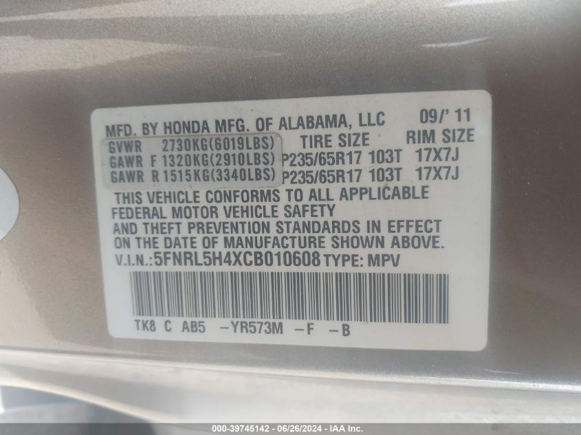 2012 Honda Odyssey Ex VIN: 5FNRL5H4XCB010608 Lot: 39745142